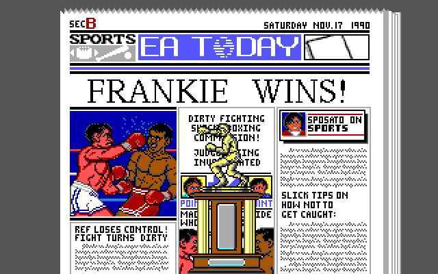 Low Blow IBM PC/Compatibles Screenshot: The newspaper headlines when the game is over...