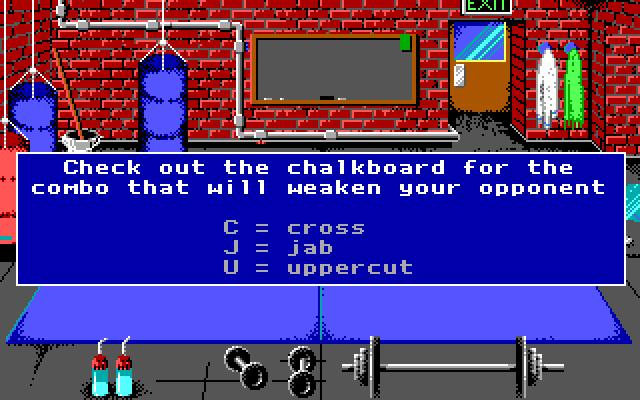 Low Blow IBM PC/Compatibles Screenshot: You can optionally train to learn your opponents weaknesses.