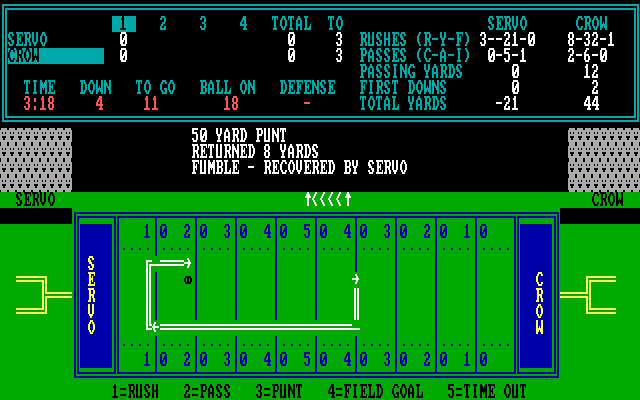 Armchair Quarterback IBM PC/Compatibles Screenshot: 50 yard punt, and recovered...