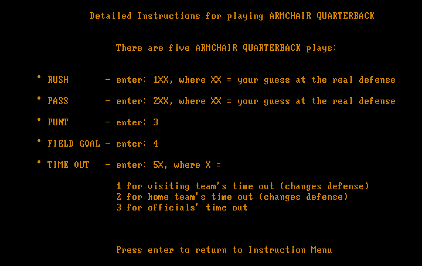 Armchair Quarterback IBM PC/Compatibles Screenshot: One of the detailed game instruction screens.