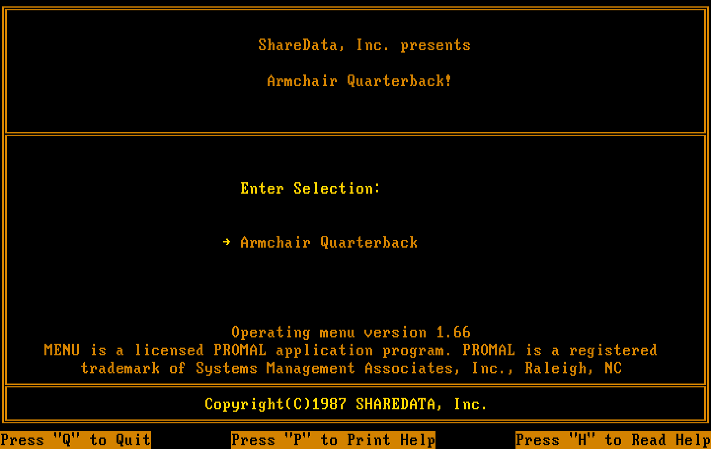 Armchair Quarterback IBM PC/Compatibles Screenshot: Sharedata main menu.