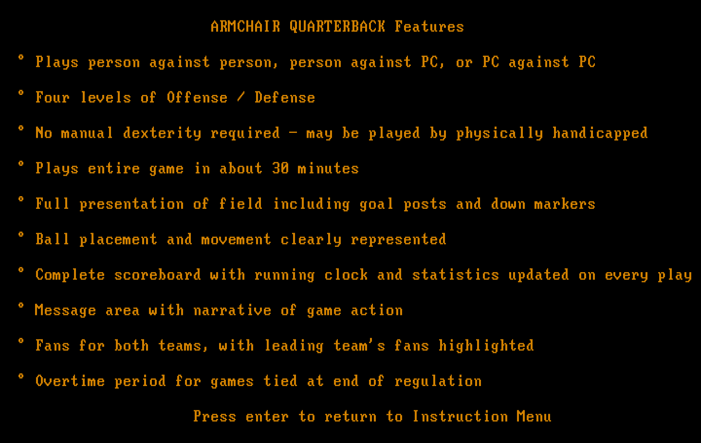 Armchair Quarterback IBM PC/Compatibles Screenshot: Game features.
