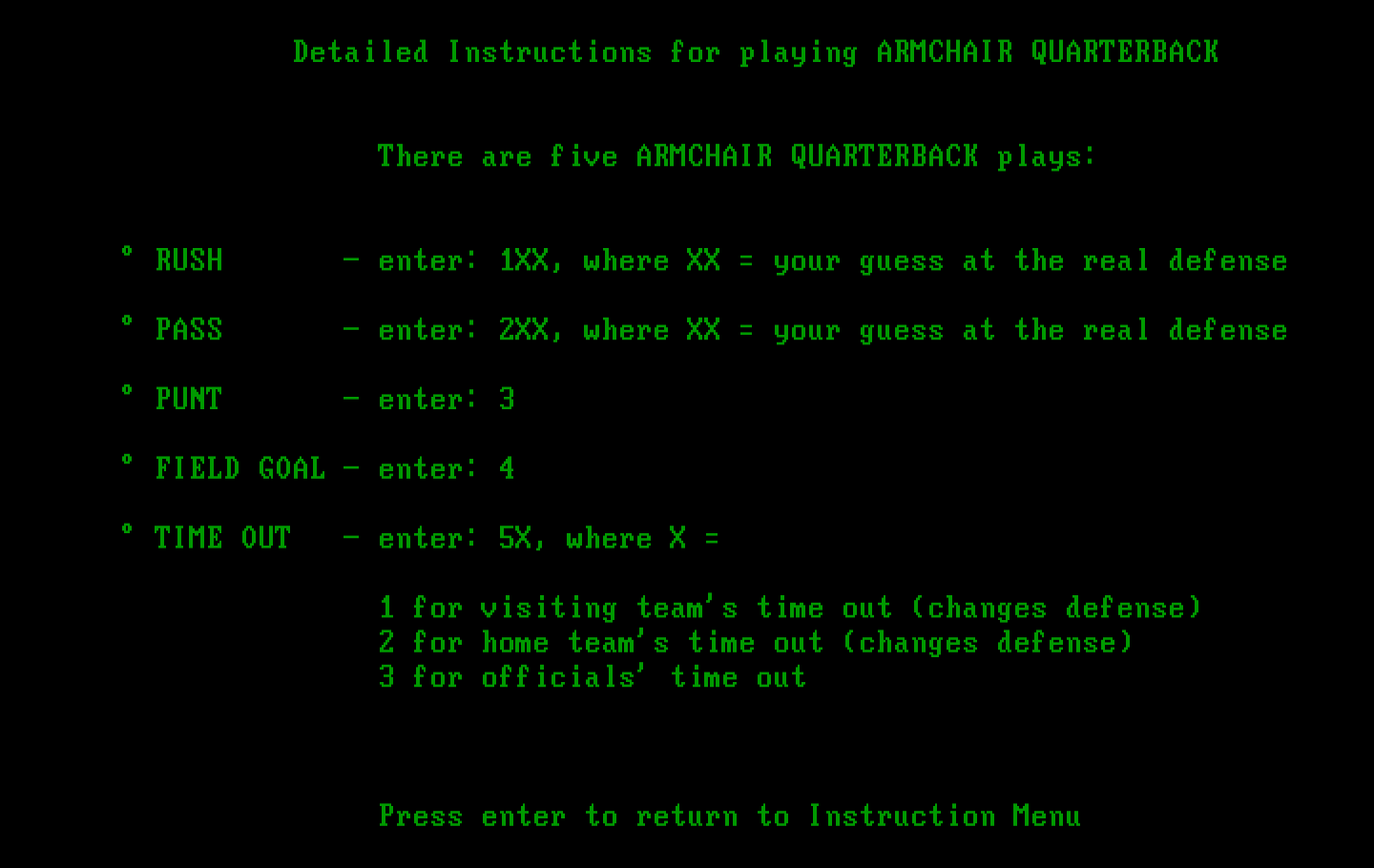 Armchair Quarterback IBM PC/Compatibles Screenshot: One of the detailed game instruction screens.