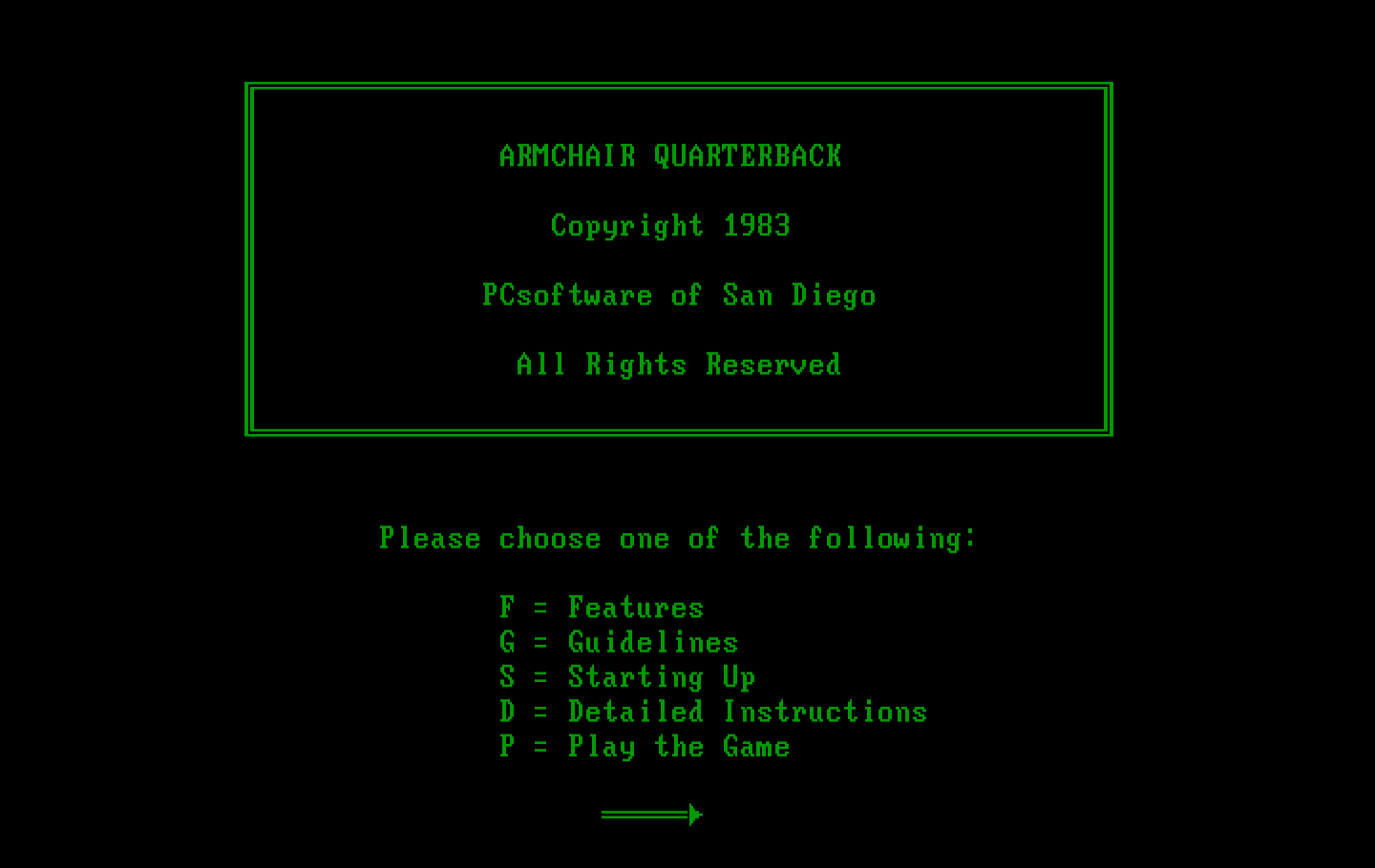 Armchair Quarterback IBM PC/Compatibles Screenshot: Help screen menu.