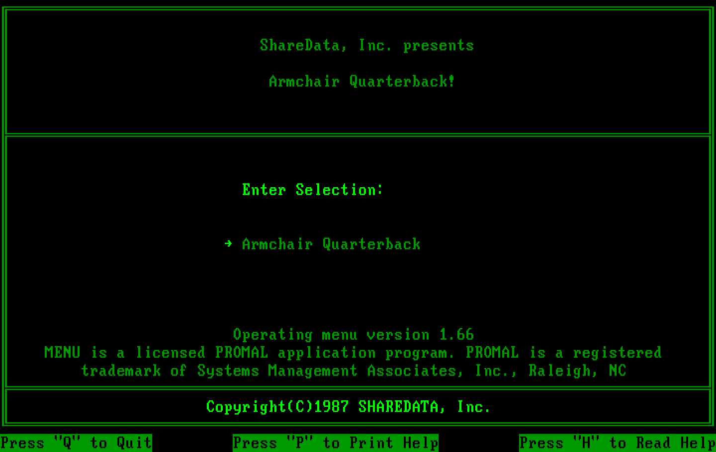 Armchair Quarterback IBM PC/Compatibles Screenshot: Sharedata main menu.