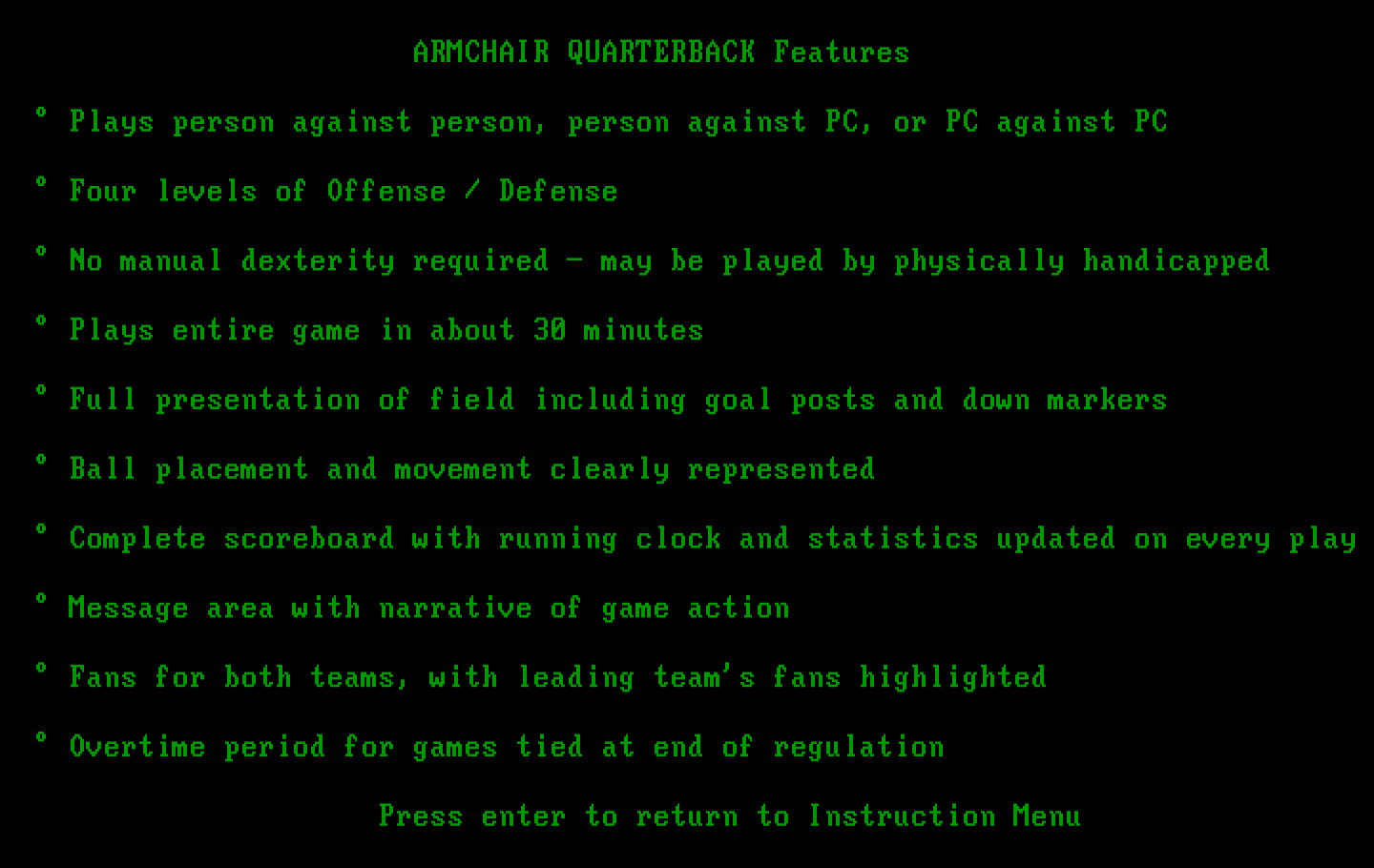 Armchair Quarterback IBM PC/Compatibles Screenshot: Game features.