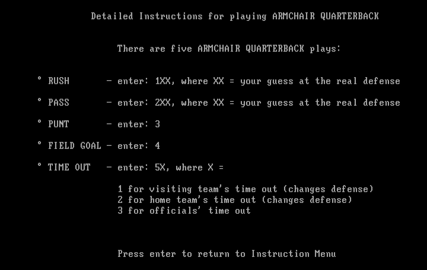 Armchair Quarterback IBM PC/Compatibles Screenshot: One of the detailed game instruction screens.