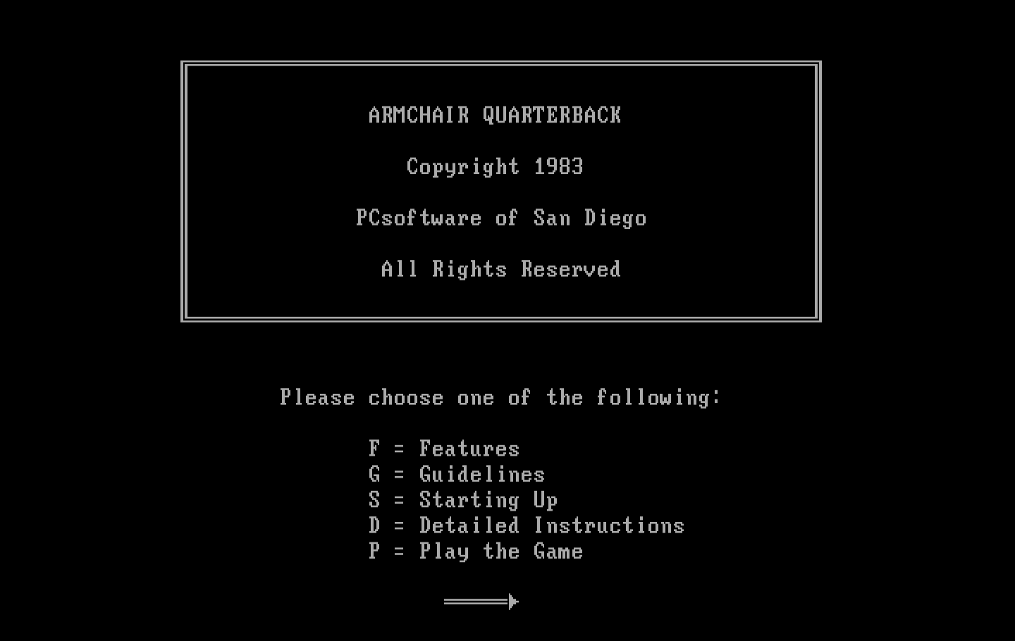 Armchair Quarterback IBM PC/Compatibles Screenshot: Help screen menu.