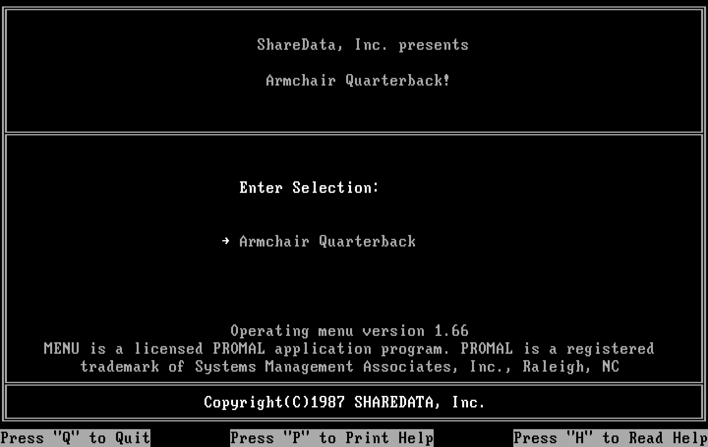 Armchair Quarterback IBM PC/Compatibles Screenshot: Sharedata main menu.