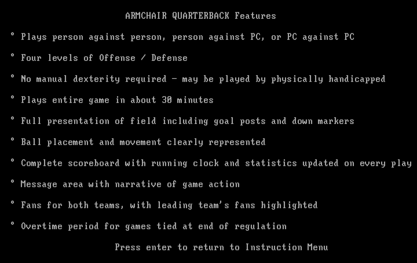 Armchair Quarterback IBM PC/Compatibles Screenshot: Game features.