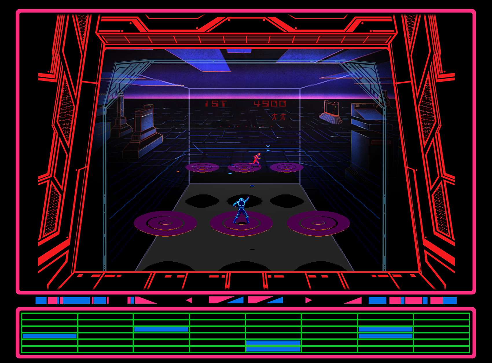 Discs of TRON Arcade Screenshot: Starting a level with three platforms.