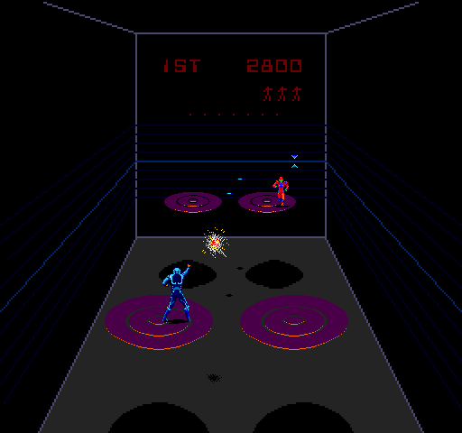 Discs of TRON Arcade Screenshot: Discs collide and destroy each other.