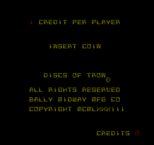 Discs of TRON Arcade Screenshot: Insert coin to begin the game.