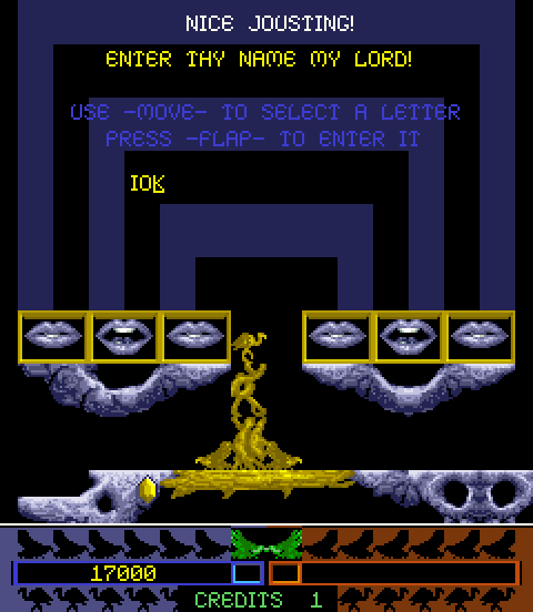 Joust 2: Survival of the Fittest Arcade Screenshot: Enter your name in the high score table.