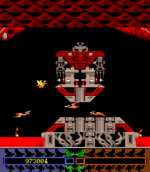 Joust 2: Survival of the Fittest Arcade Screenshot: Multiple pterodactyls attack as I try to hit the buttons with my lance.