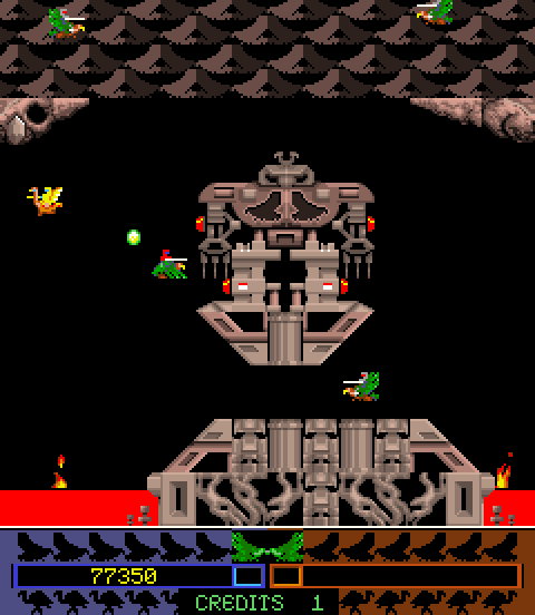 Joust 2: Survival of the Fittest Arcade Screenshot: Attempt to hit those red buttons with your lance...