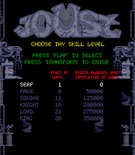 Joust 2: Survival of the Fittest for Arcade - Select starting skill level.
