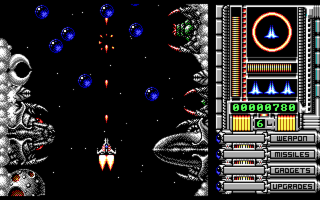 OverKill IBM PC/Compatibles Screenshot: This level starts with numerous blue blobs to shoot...
