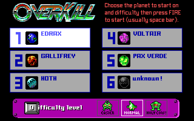 OverKill IBM PC/Compatibles Screenshot: Select the level to start at...