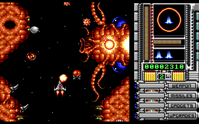 OverKill IBM PC/Compatibles Screenshot: Don't let your shield get completely depleted!