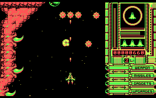 OverKill IBM PC/Compatibles Screenshot: Shoot the spikey things before they crash into you!