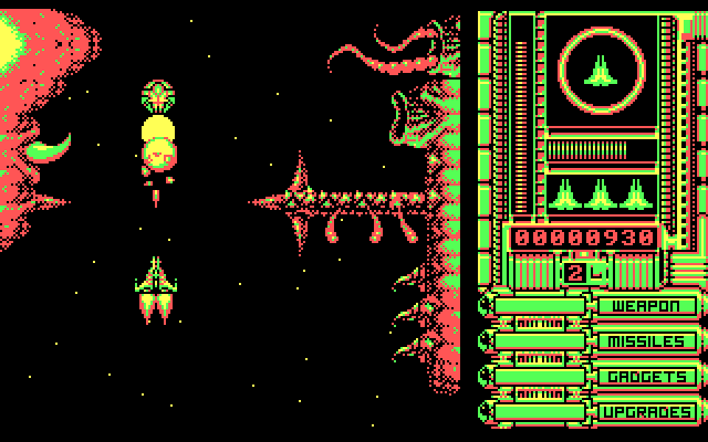 OverKill IBM PC/Compatibles Screenshot: Don't crash into the alien landscapes!