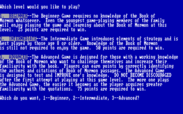 Book of Mormon Game, The IBM PC/Compatibles Screenshot: Game instructions.