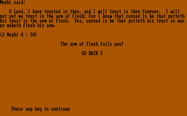 Book of Mormon Game, The IBM PC/Compatibles Screenshot: Going backwards again...
