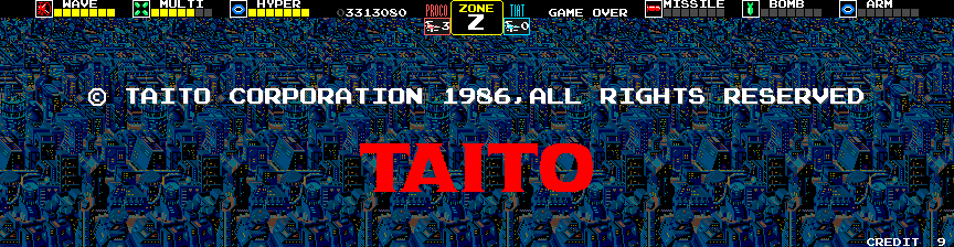 Darius Arcade Screenshot: After the game is completed the credits scroll by and the Taito logo appears.
