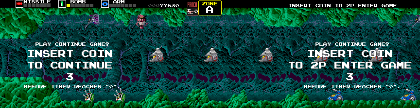 Darius Arcade Screenshot: Game over; you can insert more quarters to continue.