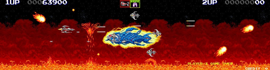 Darius II Arcade Screenshot: End of level bosses from Darius appear as mini-bosses in Darius II.
