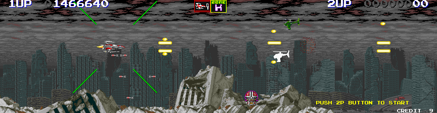 Darius II Arcade Screenshot: I am now equipped with 4 way diagonal lasers.