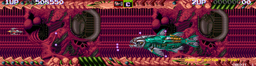 Darius II Arcade Screenshot: The end of level boss can vary depending on which path you take.