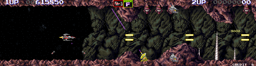 Darius II Arcade Screenshot: Entering a Zone F cave...