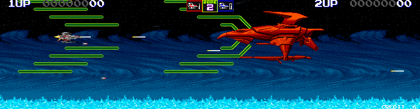 Darius II Arcade Screenshot: Enemies change color towards a dark read as you inflict damage.