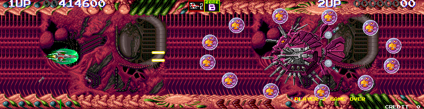 Darius II Arcade Screenshot: End of level bosses in Darius II have multiple forms before they are finally destroyed...