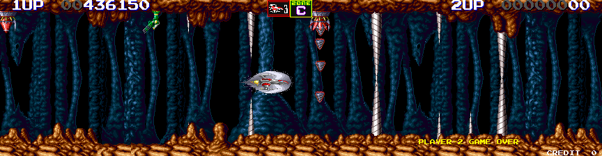 Darius II Arcade Screenshot: The path is temporarily blocked in Zone C...