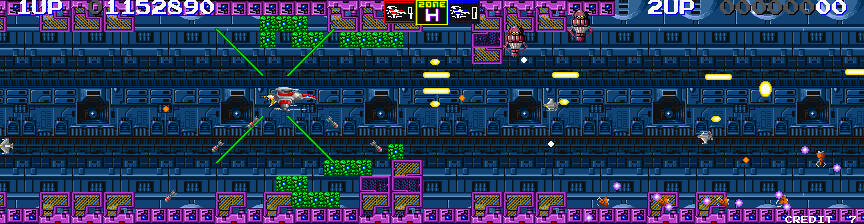Darius II Arcade Screenshot: Numerous small enemies attack rapidly...