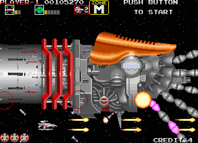 Darius Gaiden Arcade Screenshot: Carefully navigating past the final part of Titanic Lance...
