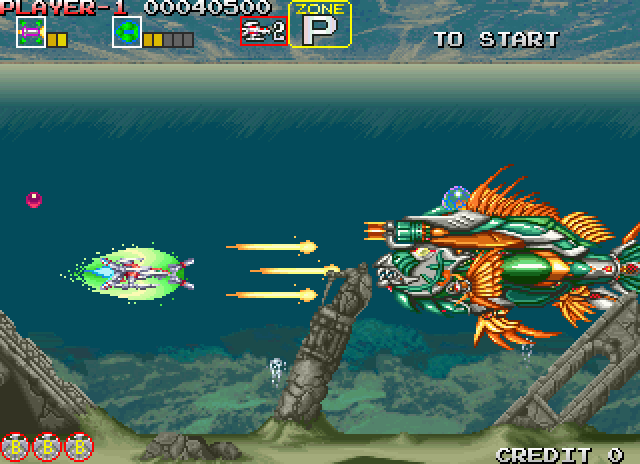 Darius Gaiden Arcade Screenshot: Attacking a large opponent in Zone P!