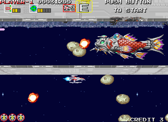 Darius Gaiden Arcade Screenshot: Dodge or destroy the numerous asteroids in Zone E.