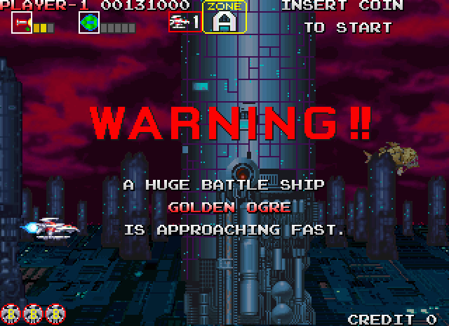 Darius Gaiden Arcade Screenshot: Like all Darius games, there's a warning just before the end of level boss battle...