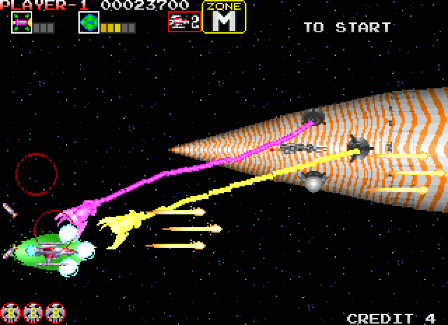 Darius Gaiden Arcade Screenshot: Fighting Titanic Lance, a huge end of level boss...