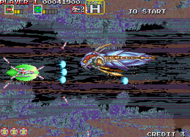 Darius Gaiden Arcade Screenshot: Zone H features a psychedelic background.