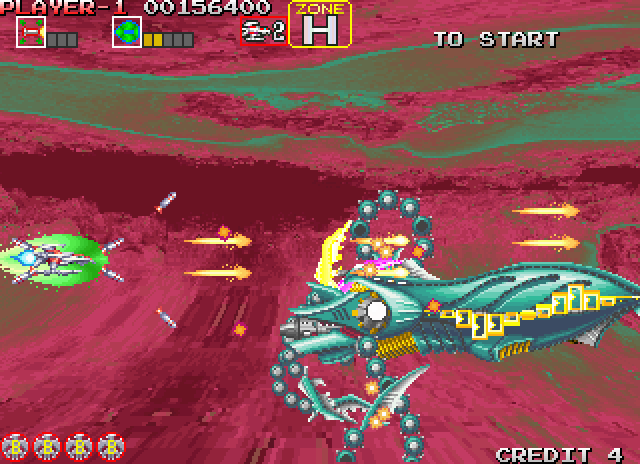 Darius Gaiden Arcade Screenshot: This boss is called Neon Light Illusion...and the bright lights and patterns can distract you!