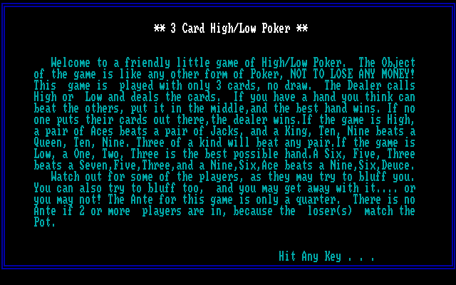 3 Card High Low Poker IBM PC/Compatibles Screenshot: Instructions part 1 of 2.
