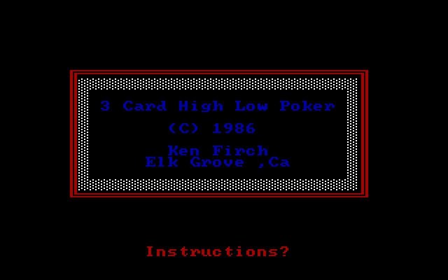 3 Card High Low Poker IBM PC/Compatibles Screenshot: Title screen.