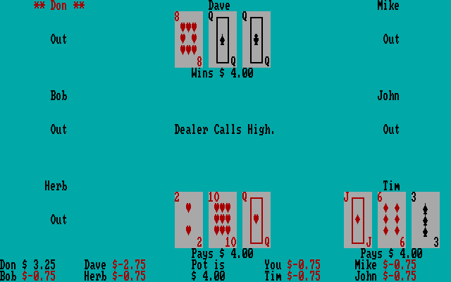 3 Card High Low Poker IBM PC/Compatibles Screenshot: I didn't win this time...