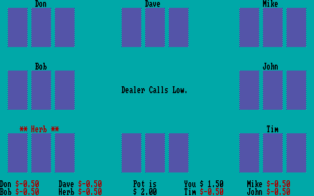 3 Card High Low Poker IBM PC/Compatibles Screenshot: Dealing the cards...