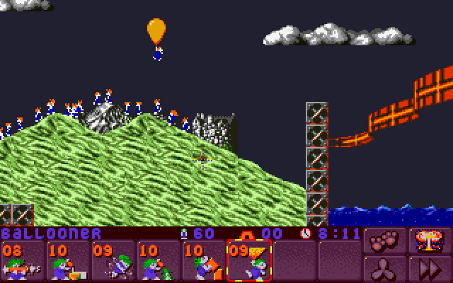 Lemmings 2: The Tribes IBM PC/Compatibles Screenshot: Here's an obstacle; trying a balloon, but that doesn't work well...